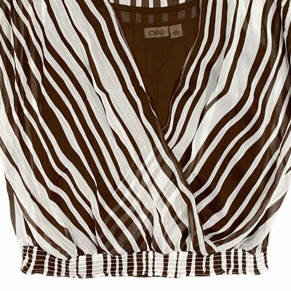 Cato Womens M Chiffon Blouse Semi Sheer Brown White Striped Cami Elastic Waist - Picture 4 of 10